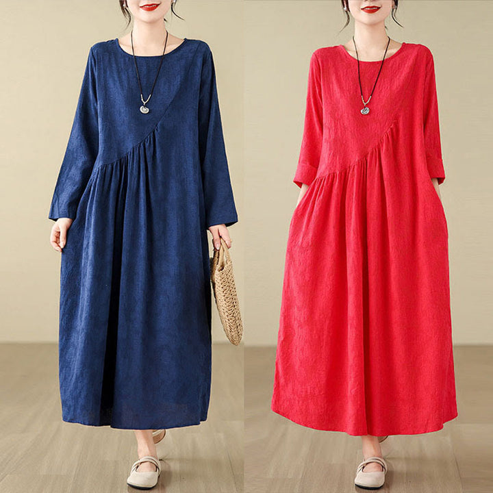 Buddha Stones Plain Jacquard Flower Irregular Long Sleeve Cotton Linen Midi Dress With Pockets - image 23