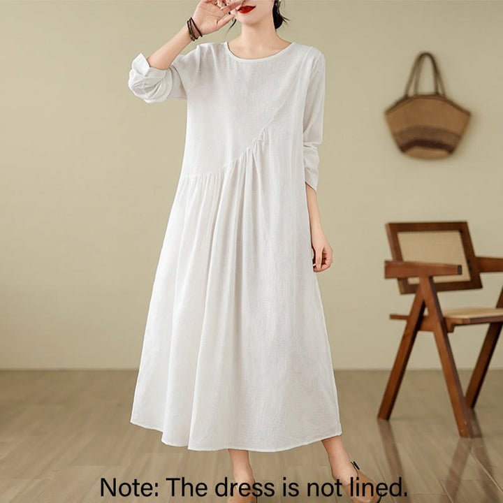 Buddha Stones Plain Jacquard Flower Irregular Long Sleeve Cotton Linen Midi Dress With Pockets - image 19