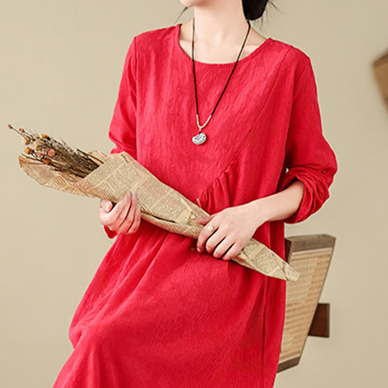 Buddha Stones Plain Jacquard Flower Irregular Long Sleeve Cotton Linen Midi Dress With Pockets - image 10