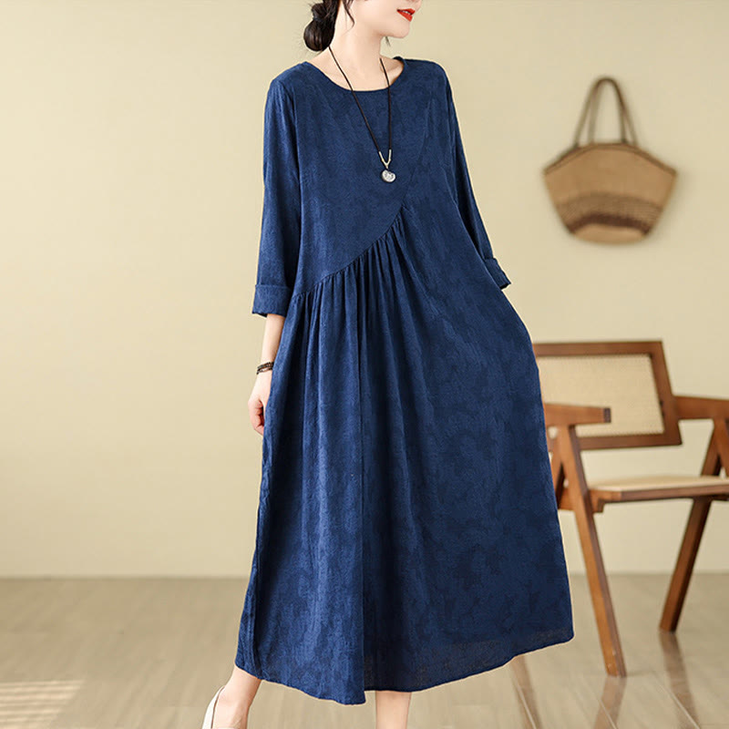 Buddha Stones Plain Jacquard Flower Irregular Long Sleeve Cotton Linen Midi Dress With Pockets - image 6
