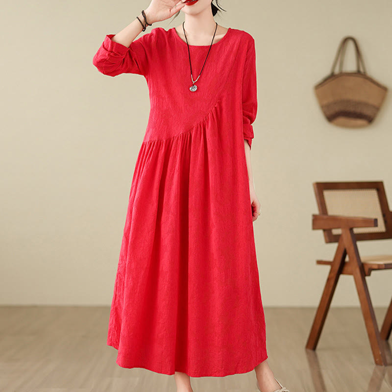 Buddha Stones Plain Jacquard Flower Irregular Long Sleeve Cotton Linen Midi Dress With Pockets - image 9