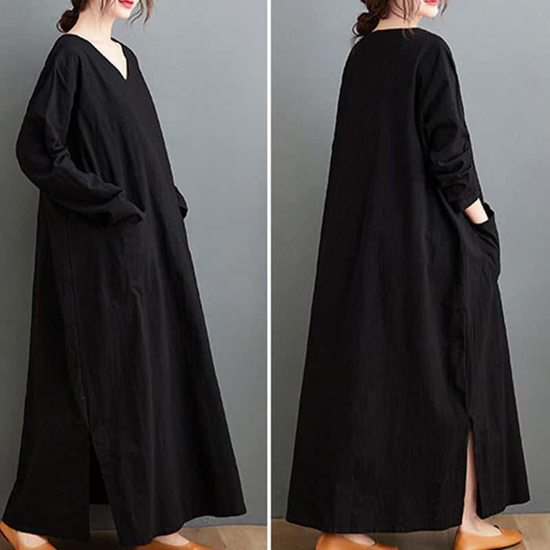 Buddha Stones Fall Casual Simple Design Long Sleeve Cotton Linen Maxi Dress With Pockets - image 15