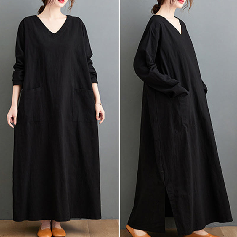 Buddha Stones Fall Casual Simple Design Long Sleeve Cotton Linen Maxi Dress With Pockets - image 16