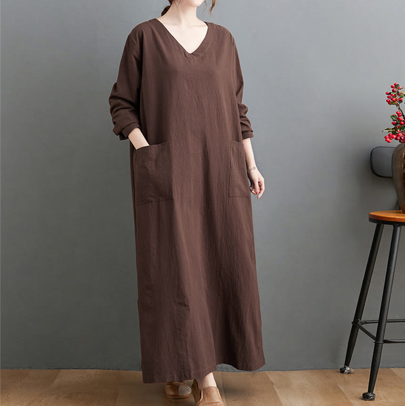 Buddha Stones Fall Casual Simple Design Long Sleeve Cotton Linen Maxi Dress With Pockets - SaddleBrown - US4-8/10,UK/AU8-12/14,EU36-40/42(F) - image 1