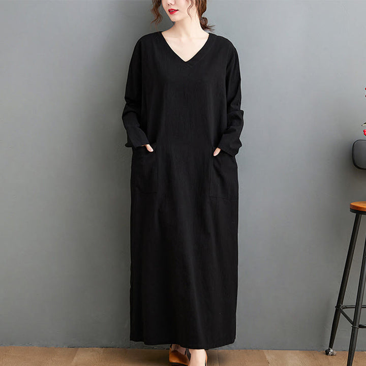 Buddha Stones Fall Casual Simple Design Long Sleeve Cotton Linen Maxi Dress With Pockets - Black - US4-8/10,UK/AU8-12/14,EU36-40/42(F) - image 6