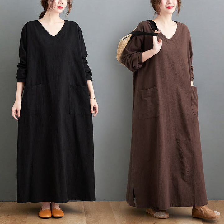 Buddha Stones Fall Casual Simple Design Long Sleeve Cotton Linen Maxi Dress With Pockets - image 18