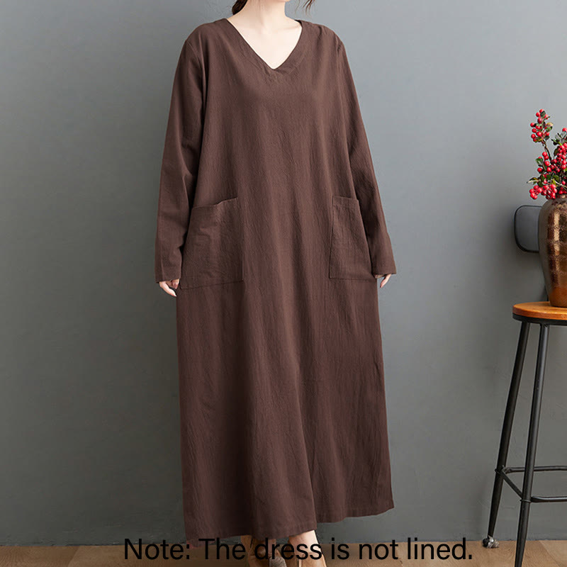 Buddha Stones Fall Casual Simple Design Long Sleeve Cotton Linen Maxi Dress With Pockets - image 2
