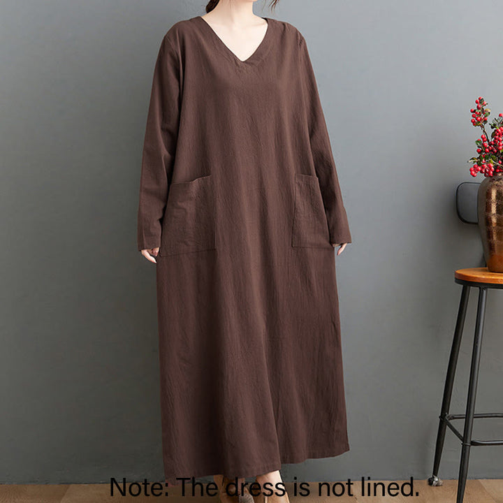 Buddha Stones Fall Casual Simple Design Long Sleeve Cotton Linen Maxi Dress With Pockets - image 2