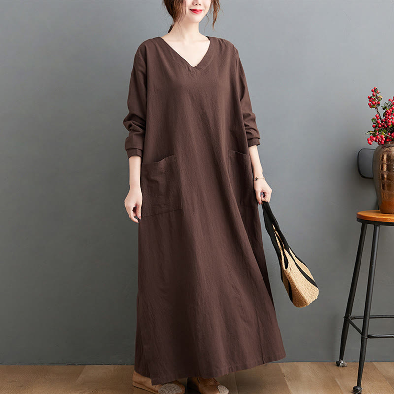 Buddha Stones Fall Casual Simple Design Long Sleeve Cotton Linen Maxi Dress With Pockets - image 3