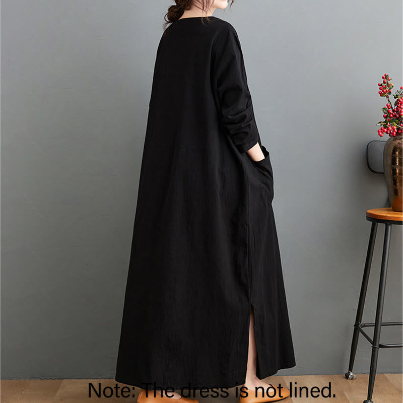 Buddha Stones Fall Casual Simple Design Long Sleeve Cotton Linen Maxi Dress With Pockets - image 7