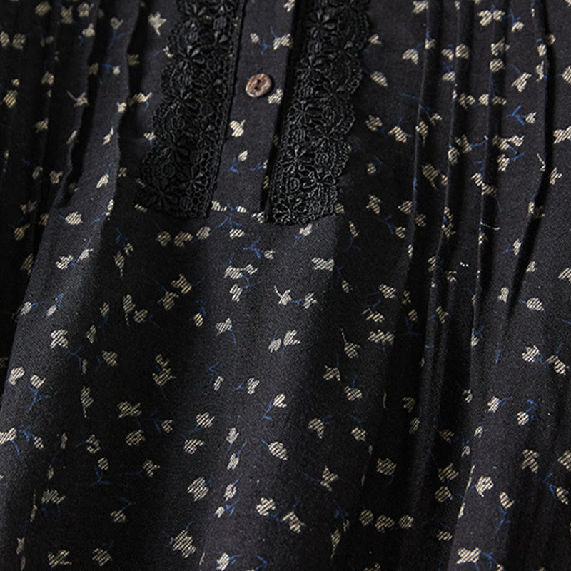 Buddha Stones Printing Buttons Lace Lapel Design Cotton Linen Long Sleeve Midi Dress With Pockets - image 9