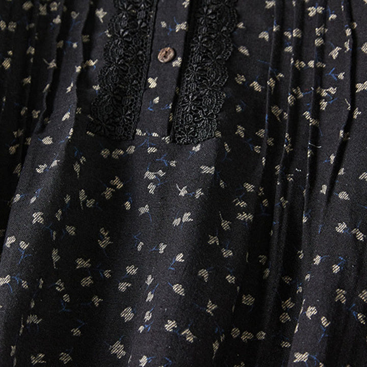 Buddha Stones Printing Buttons Lace Lapel Design Cotton Linen Long Sleeve Midi Dress With Pockets - image 9