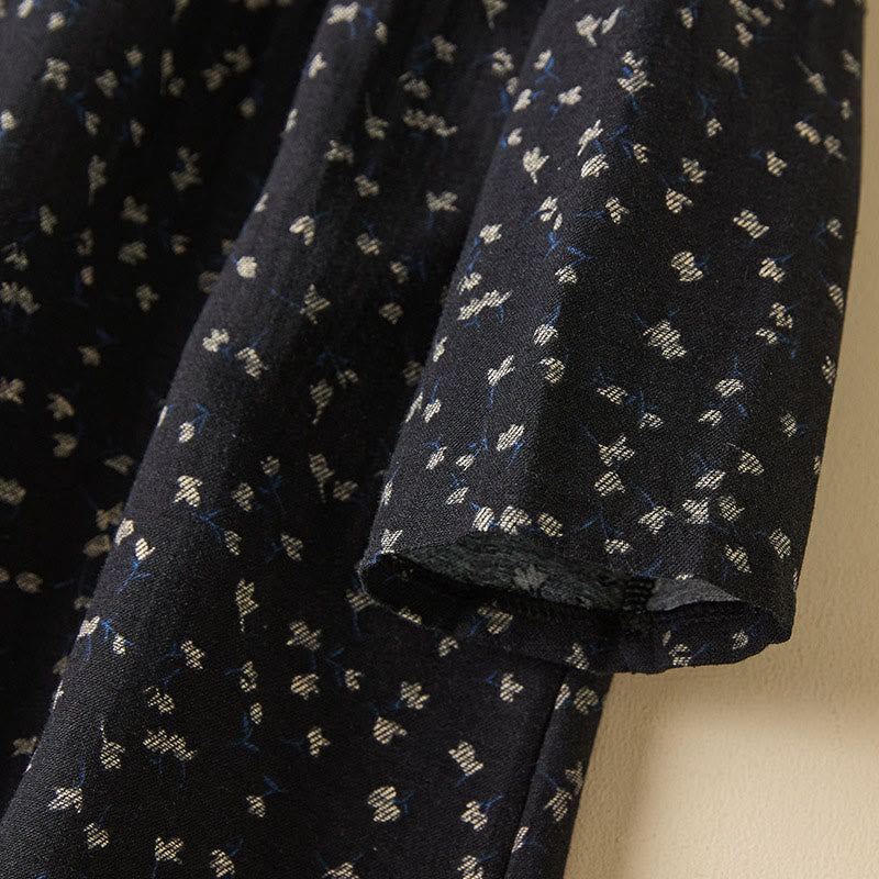 Buddha Stones Printing Buttons Lace Lapel Design Cotton Linen Long Sleeve Midi Dress With Pockets - image 5