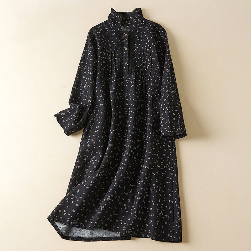 Buddha Stones Printing Buttons Lace Lapel Design Cotton Linen Long Sleeve Midi Dress With Pockets - Black - US8-10,UK/AU12-14,EU40-42 (2XL) - image 1