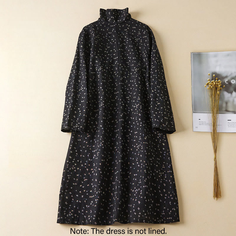 Buddha Stones Printing Buttons Lace Lapel Design Cotton Linen Long Sleeve Midi Dress With Pockets - image 2