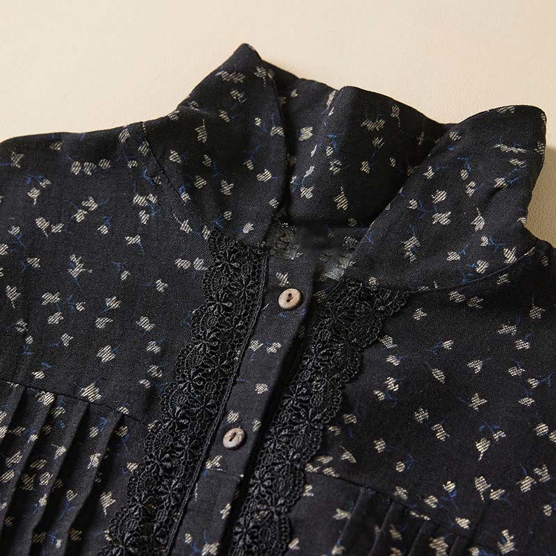 Buddha Stones Printing Buttons Lace Lapel Design Cotton Linen Long Sleeve Midi Dress With Pockets - image 3