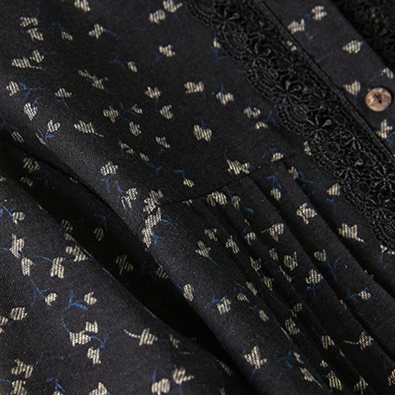 Buddha Stones Printing Buttons Lace Lapel Design Cotton Linen Long Sleeve Midi Dress With Pockets - image 4