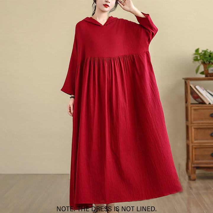 Buddha Stones Fall Hoodie Design Long Sleeve Cotton Linen Midi Dress With Pockets - image 16