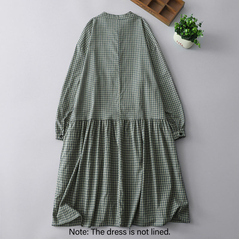 Buddha Stones Casual Plaid Buttons Lantern Long Sleeve Cotton Midi Dress - image 2