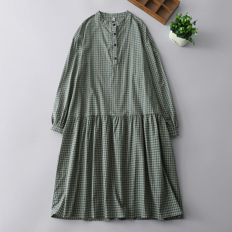 Buddha Stones Casual Plaid Buttons Lantern Long Sleeve Cotton Midi Dress - MediumSeaGreen - US14,UK/AU18,EU46 (2XL) - image 1