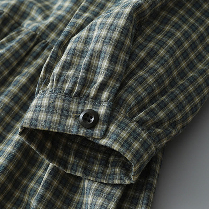 Buddha Stones Casual Plaid Buttons Lantern Long Sleeve Cotton Midi Dress - image 9