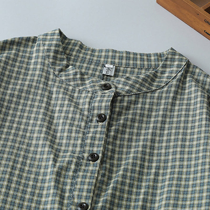 Buddha Stones Casual Plaid Buttons Lantern Long Sleeve Cotton Midi Dress - image 3