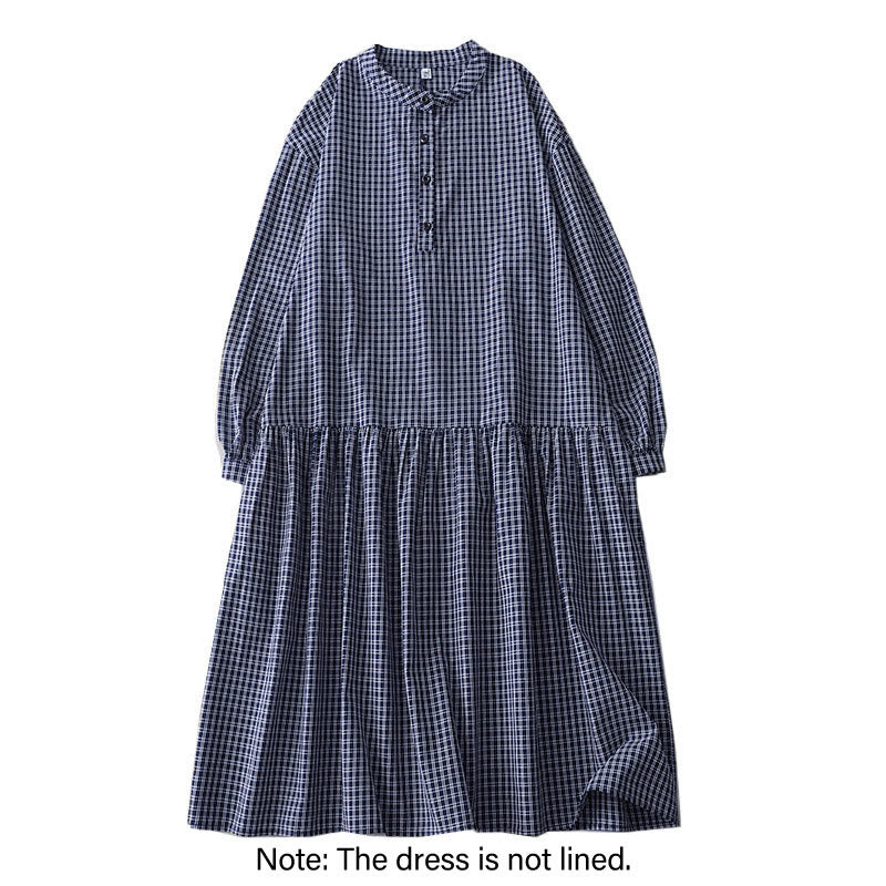 Buddha Stones Casual Plaid Buttons Lantern Long Sleeve Cotton Midi Dress - image 13