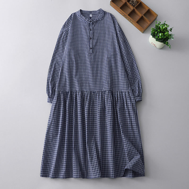 Buddha Stones Casual Plaid Buttons Lantern Long Sleeve Cotton Midi Dress - DarkBlue - US14,UK/AU18,EU46 (2XL) - image 12