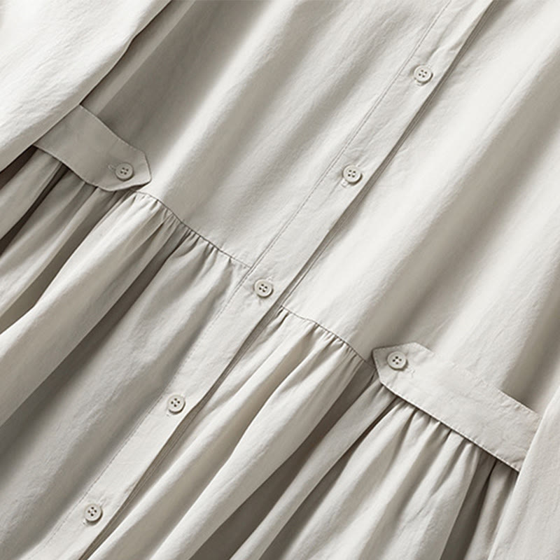 Buddha Stones Casual Plaid Pleats Buttons Design Long Sleeve Cotton Midi Dress With Pockets - image 9