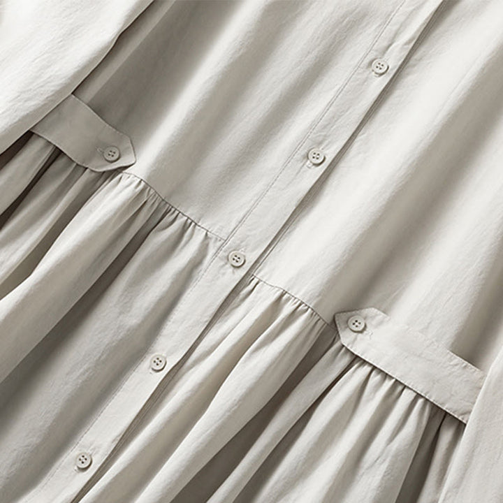 Buddha Stones Casual Plaid Pleats Buttons Design Long Sleeve Cotton Midi Dress With Pockets - image 9