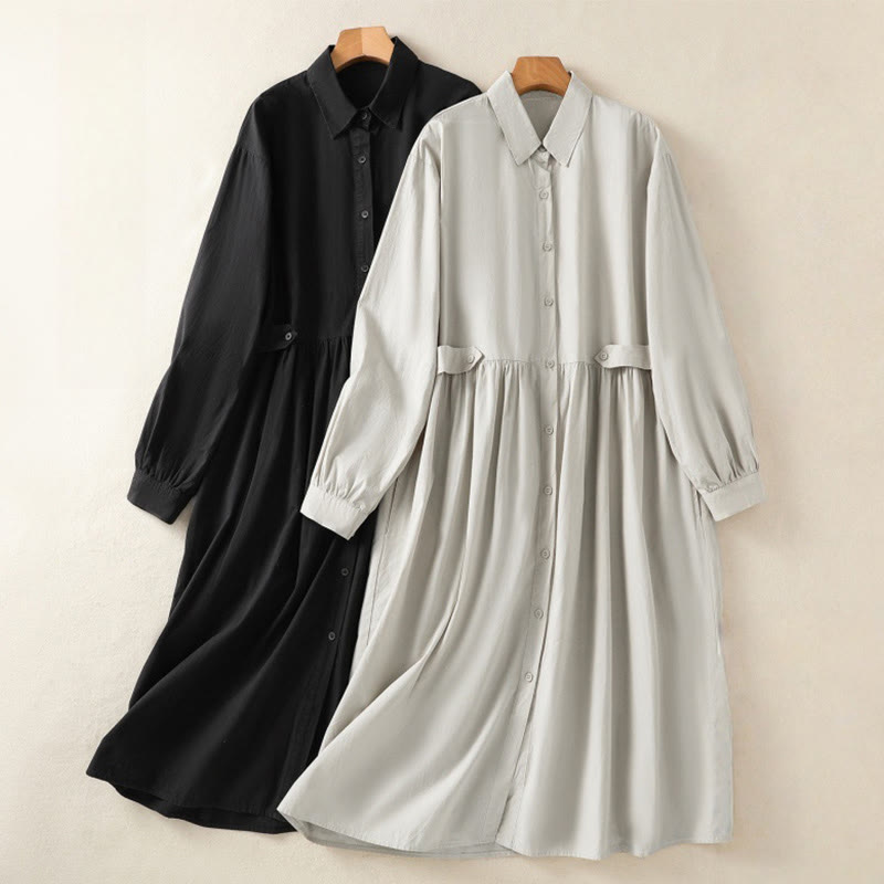 Buddha Stones Casual Plaid Pleats Buttons Design Long Sleeve Cotton Midi Dress With Pockets - image 26