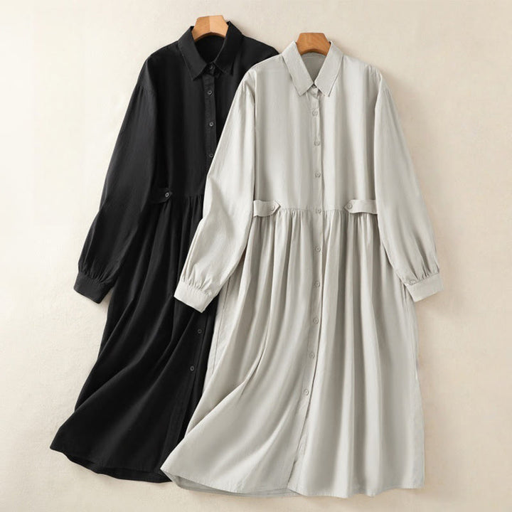 Buddha Stones Casual Plaid Pleats Buttons Design Long Sleeve Cotton Midi Dress With Pockets - image 26