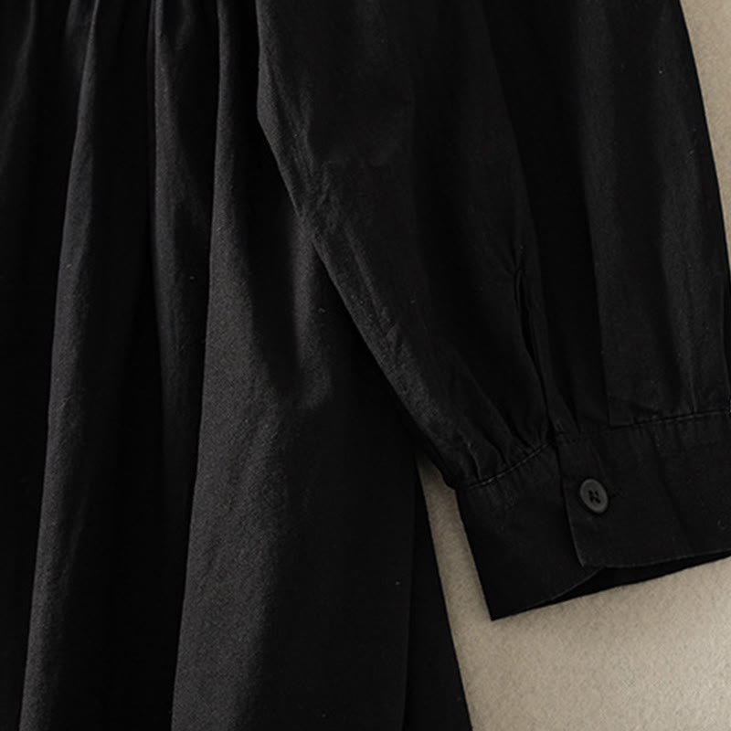 Buddha Stones Casual Plaid Pleats Buttons Design Long Sleeve Cotton Midi Dress With Pockets - image 24