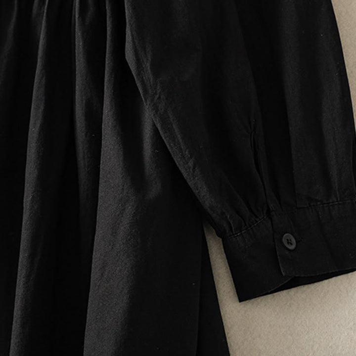 Buddha Stones Casual Plaid Pleats Buttons Design Long Sleeve Cotton Midi Dress With Pockets - image 24