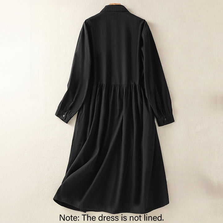 Buddha Stones Casual Plaid Pleats Buttons Design Long Sleeve Cotton Midi Dress With Pockets - image 18