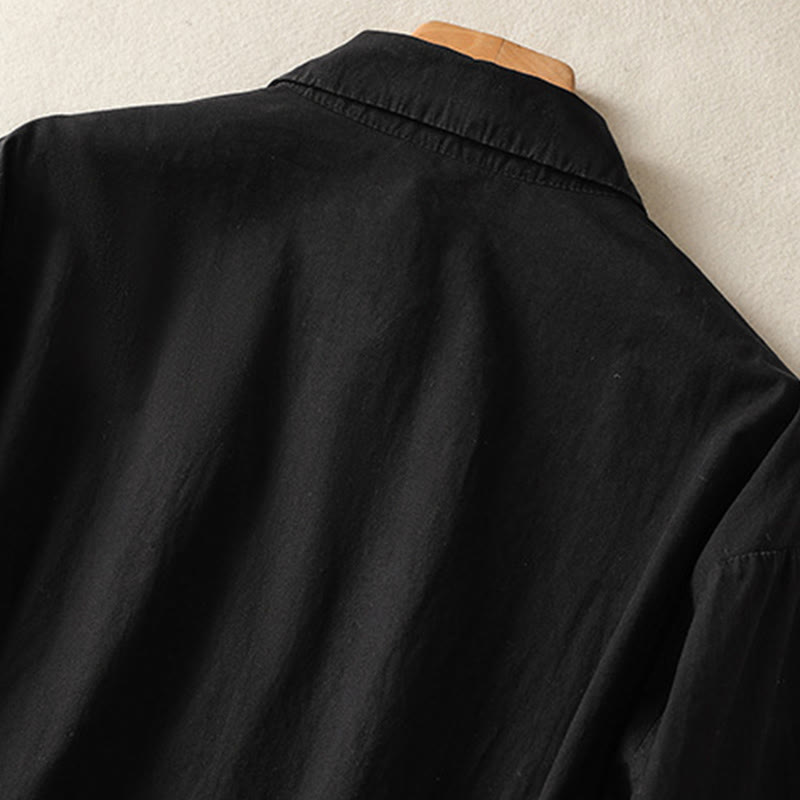 Buddha Stones Casual Plaid Pleats Buttons Design Long Sleeve Cotton Midi Dress With Pockets - image 21