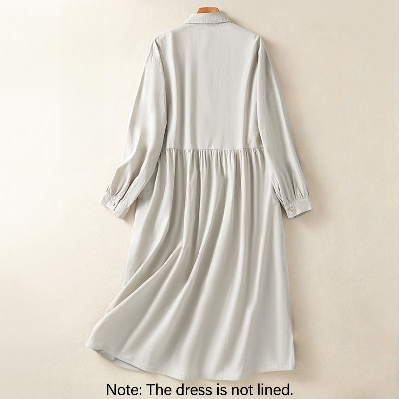 Buddha Stones Casual Plaid Pleats Buttons Design Long Sleeve Cotton Midi Dress With Pockets - image 2