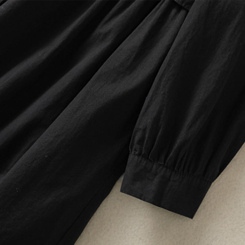 Buddha Stones Casual Plaid Pleats Buttons Design Long Sleeve Cotton Midi Dress With Pockets - image 23