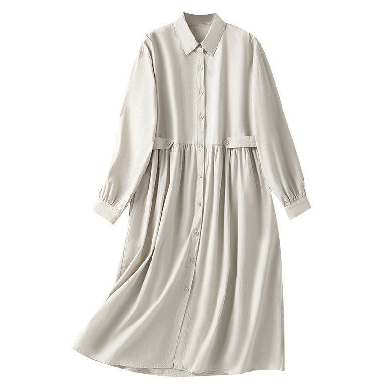 Buddha Stones Casual Plaid Pleats Buttons Design Long Sleeve Cotton Midi Dress With Pockets - image 16