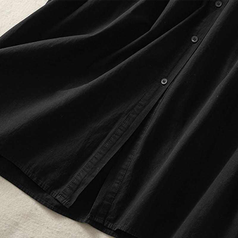 Buddha Stones Casual Plaid Pleats Buttons Design Long Sleeve Cotton Midi Dress With Pockets - image 25