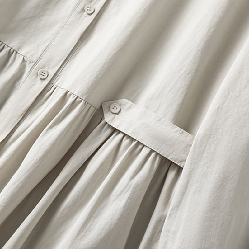 Buddha Stones Casual Plaid Pleats Buttons Design Long Sleeve Cotton Midi Dress With Pockets - image 10