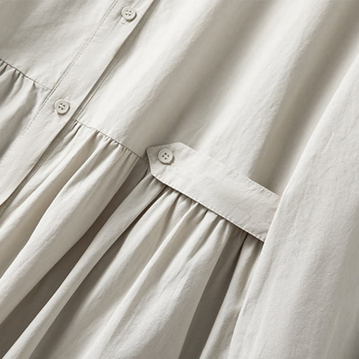 Buddha Stones Casual Plaid Pleats Buttons Design Long Sleeve Cotton Midi Dress With Pockets - image 10