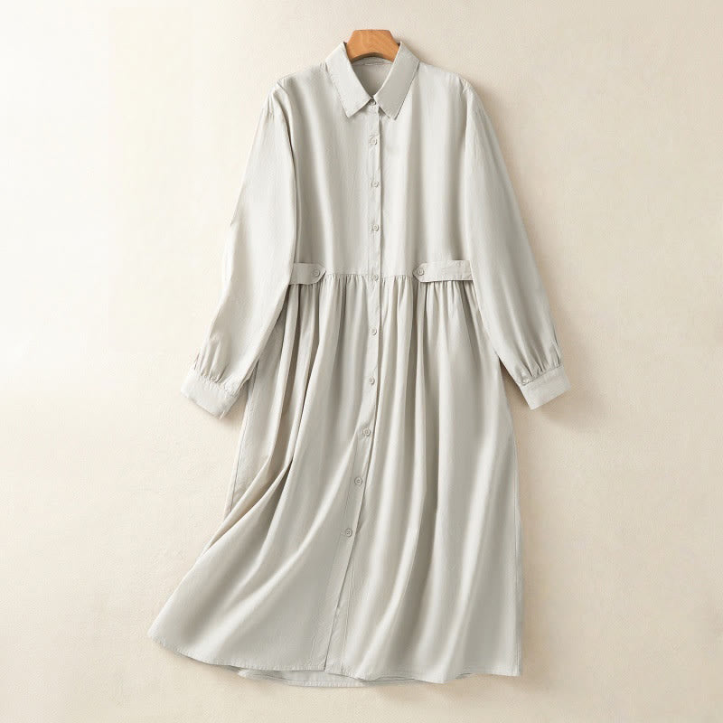 Buddha Stones Casual Plaid Pleats Buttons Design Long Sleeve Cotton Midi Dress With Pockets - Beige - US8-10,UK/AU12-14,EU40-42 (2XL) - image 1