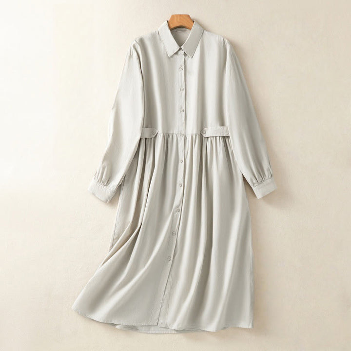 Buddha Stones Casual Plaid Pleats Buttons Design Long Sleeve Cotton Midi Dress With Pockets - Beige - US8-10,UK/AU12-14,EU40-42 (2XL) - image 1