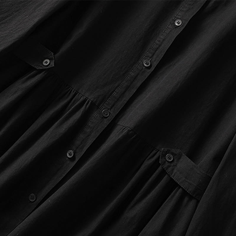 Buddha Stones Casual Plaid Pleats Buttons Design Long Sleeve Cotton Midi Dress With Pockets - image 22