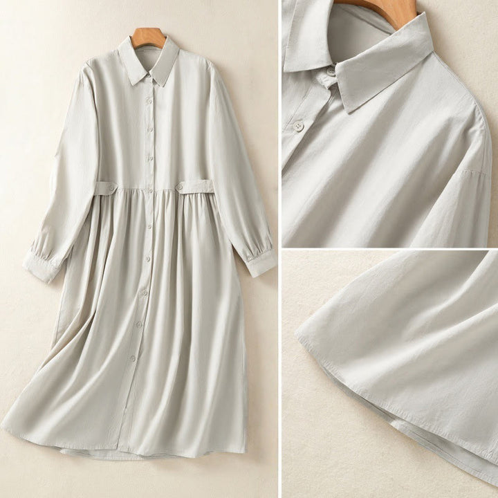 Buddha Stones Casual Plaid Pleats Buttons Design Long Sleeve Cotton Midi Dress With Pockets - image 15