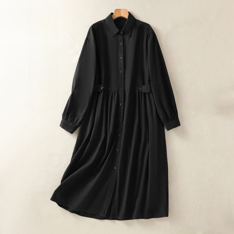 Buddha Stones Casual Plaid Pleats Buttons Design Long Sleeve Cotton Midi Dress With Pockets - Black - US8-10,UK/AU12-14,EU40-42 (2XL) - image 17