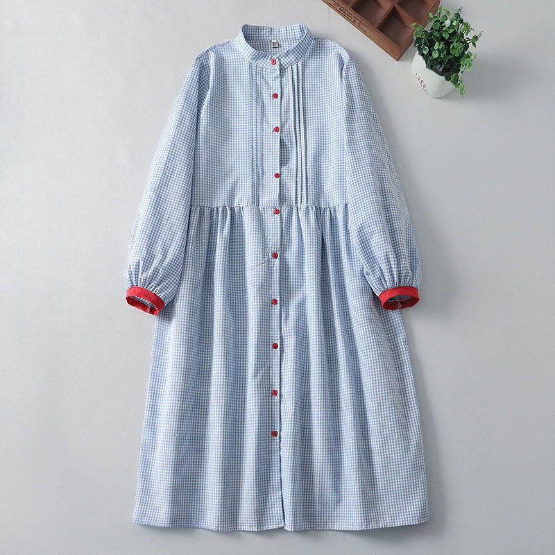 Buddha Stones Casual Plaid Pattern Long Lantern Sleeve Cotton Linen Midi Dress With Pockets - LightSkyBlue - US8-10,UK/AU12-14,EU40-42 (2XL) - image 1