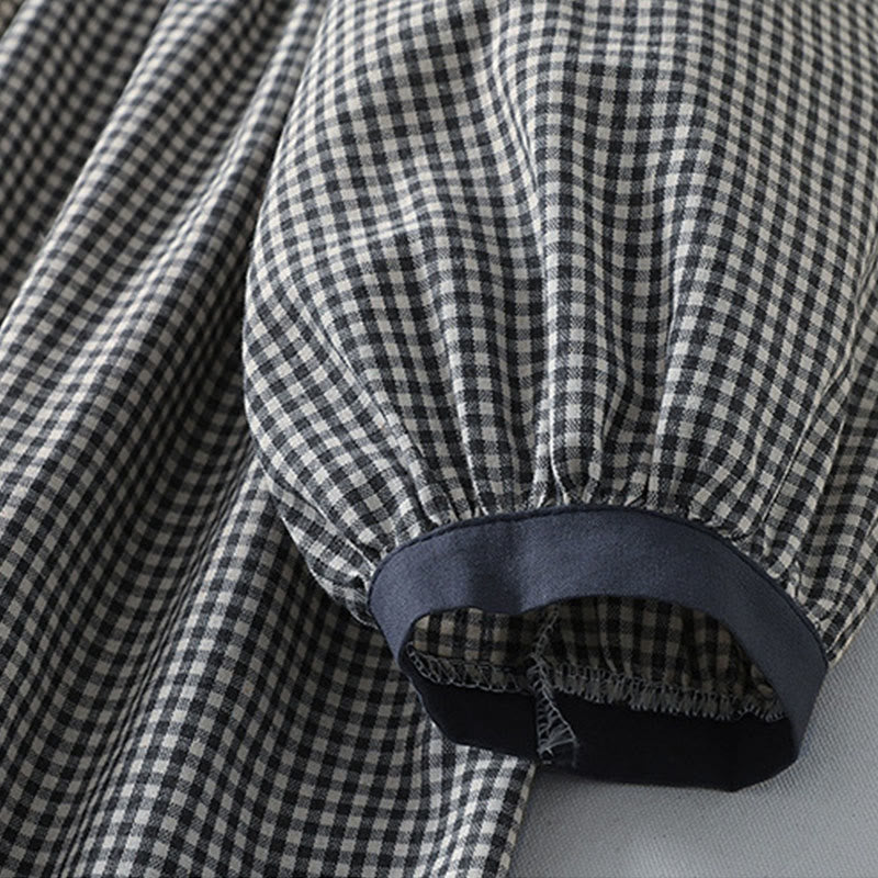 Buddha Stones Casual Plaid Pattern Long Lantern Sleeve Cotton Linen Midi Dress With Pockets - image 14