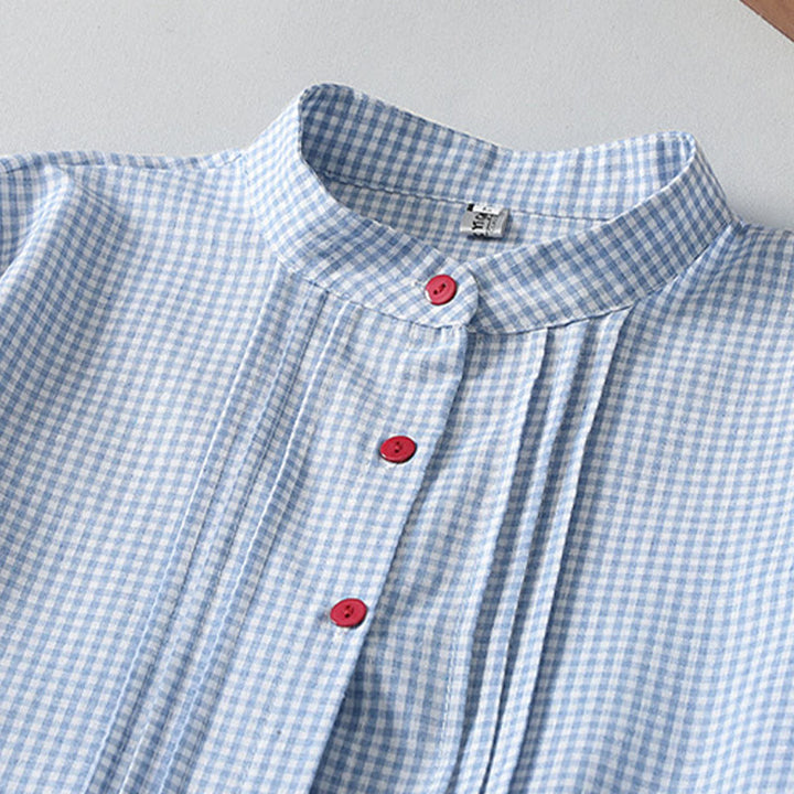 Buddha Stones Casual Plaid Pattern Long Lantern Sleeve Cotton Linen Midi Dress With Pockets - image 3